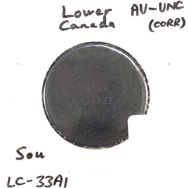 LC-33A1 No Date Lower Canada Un Sou, Agriculture, Bank Token, AU-UNC (AU-55) Corrosion For Discount