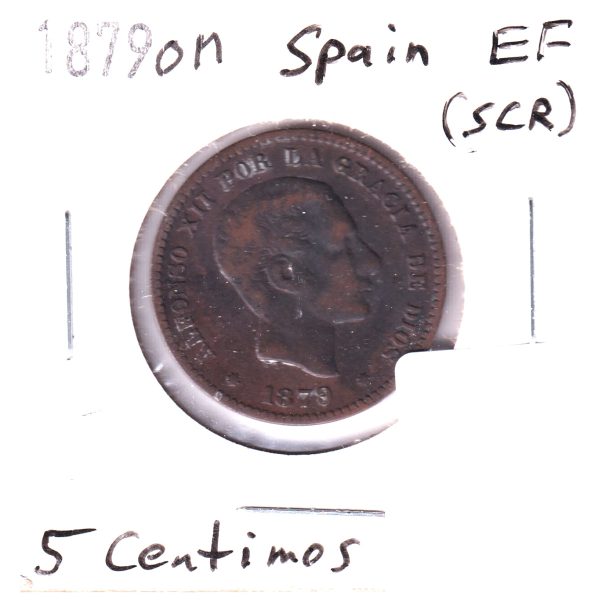 Spain 1879OM 5 Centimos Extra Fine (EF-40) Scratched Hot on Sale