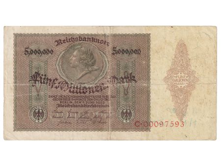 Germany 1923 5 Millionen Mark Note, Pick #90, F-VF (Damaged) on Sale