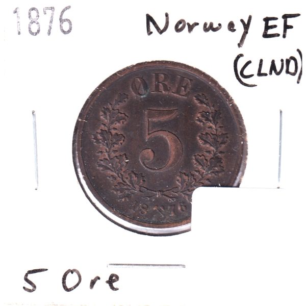 Norway 1876 5 Ore Extra Fine (EF-40) Cleaned Cheap