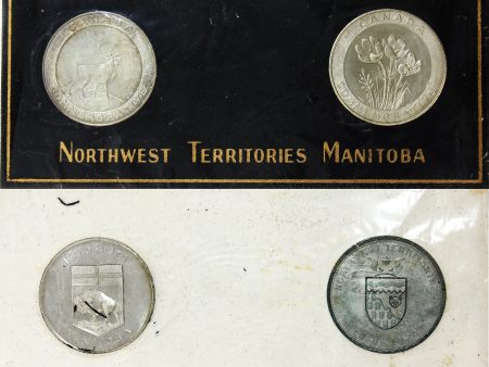 Pair of 1970 Manitoba & NWT Centennial Medallions in Card (Corrosion) For Cheap