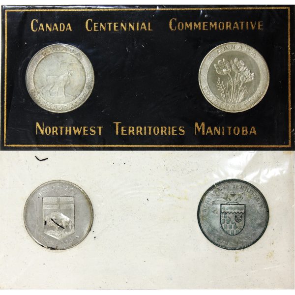 Pair of 1970 Manitoba & NWT Centennial Medallions in Card (Corrosion) For Cheap