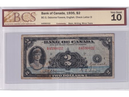 BC-3 1935 Canada $2 Osborne-Towers, English, BCS Certified VG-10 (Impaired) Online Hot Sale