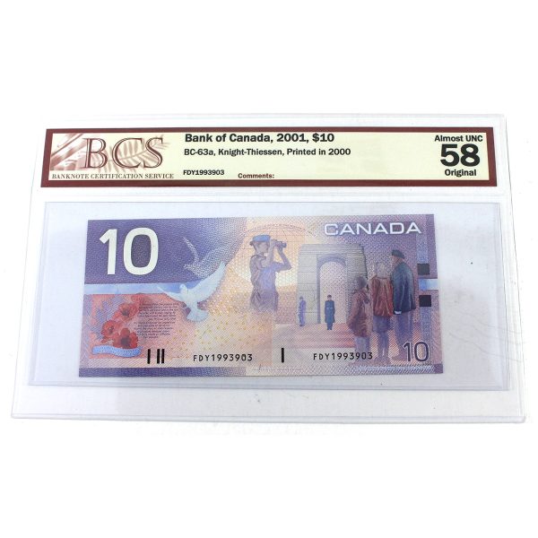 BC-63a 2001 Canada $10 Knight-Thiessen Printed 2000, FDY, BCS Certified AU-58 Original on Sale