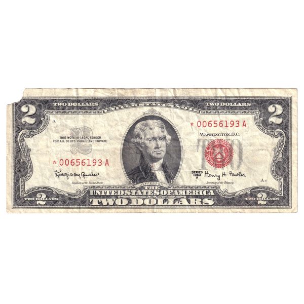 USA 1963 A $2 Note, FR#1514*, Star Note, VF (Damaged) For Discount