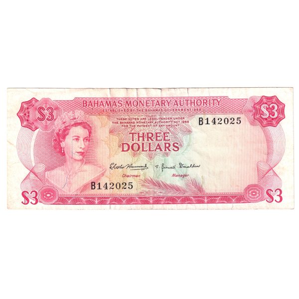 Bahamas Note, Pick #28a 1968 3 Dollars, Extra Fine (EF-40) Tears Online now