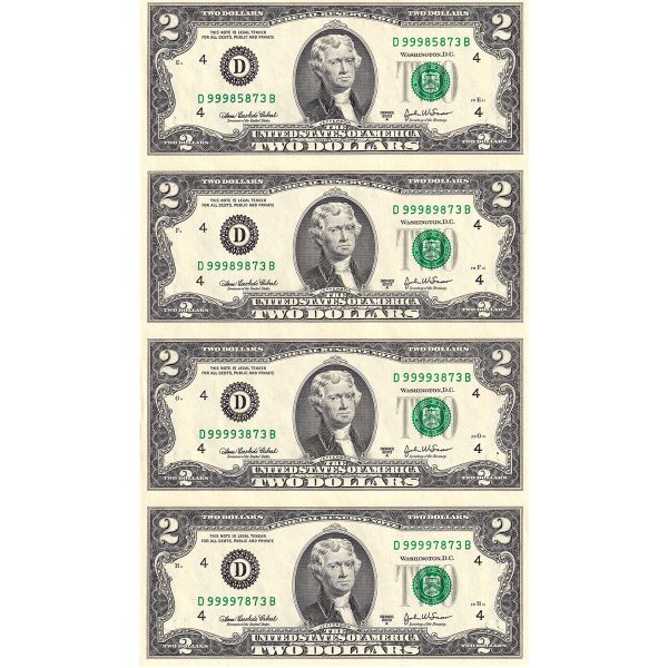 Set of 4x Uncut 2003A USA $2 Notes, Cabral-Snow, in Folder For Discount