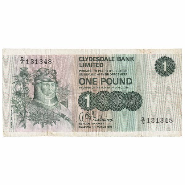 Scotland 1971 Clydesdale Bank 1 Pound Note, SC318a, VF For Discount