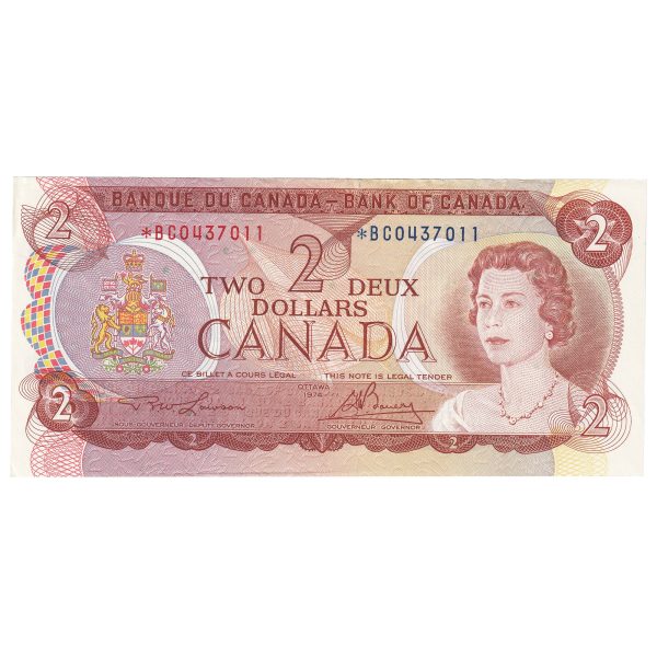 BC-47aA 1974 Canada $2 Lawson-Bouey, Replacement, *BC, UNC (Tear) Fashion