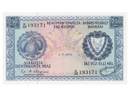 Cyprus 1974 250 Mils Note, Pick #41b, UNC For Sale