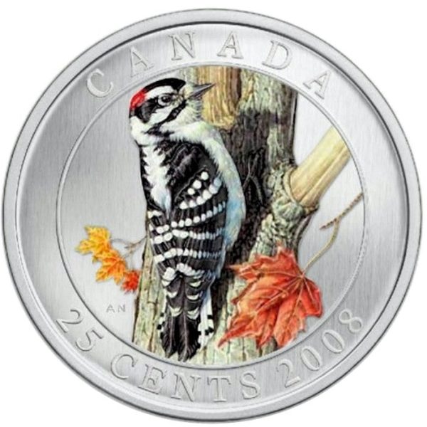 RDC 2008 25-cent Birds of Canada - Downy Woodpecker (cracked capsule) Online now