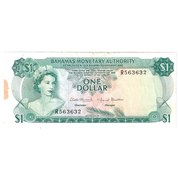 Bahamas Note, Pick #27a 1968 1 Dollar, Almost Uncirculated (AU-50) Stain For Discount