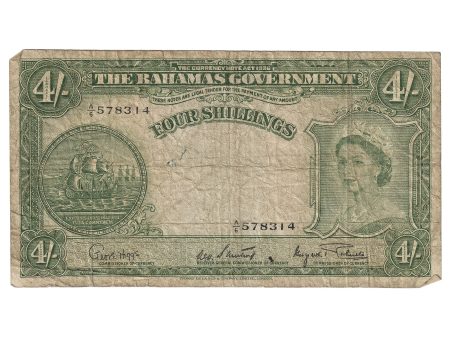 Bahamas 1953 4 Shillings Note, Pick #13d, VG-F (Damaged) Online Sale