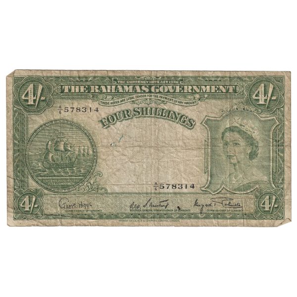 Bahamas 1953 4 Shillings Note, Pick #13d, VG-F (Damaged) Online Sale