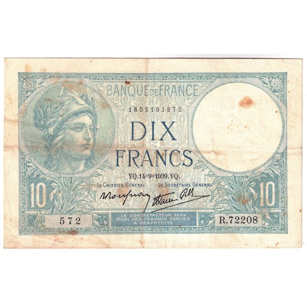 France 1939 10 Francs Note, Pick #84, VF-EF (Stains) on Sale