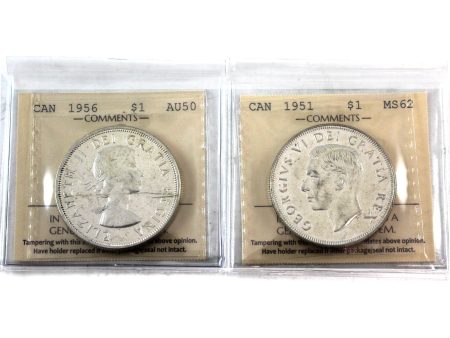 Pair of 1951 & 1956 Canada Dollars, ICCS Certified MS-62 & AU-50, 2Pcs Discount