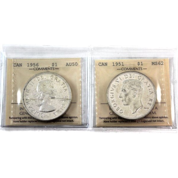 Pair of 1951 & 1956 Canada Dollars, ICCS Certified MS-62 & AU-50, 2Pcs Discount