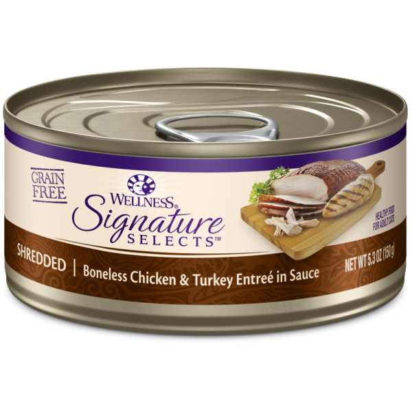 Wellness Signature Selects Grain Free Natural Shredded White Meat Chicken and Turkey Entree in Sauce Wet Canned Cat Food Cheap